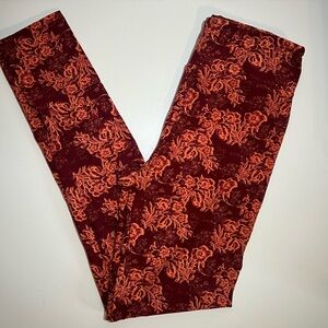 LuLaRoe Women’s One Size Leggings – Burgundy & Orange Floral Print, NWOT